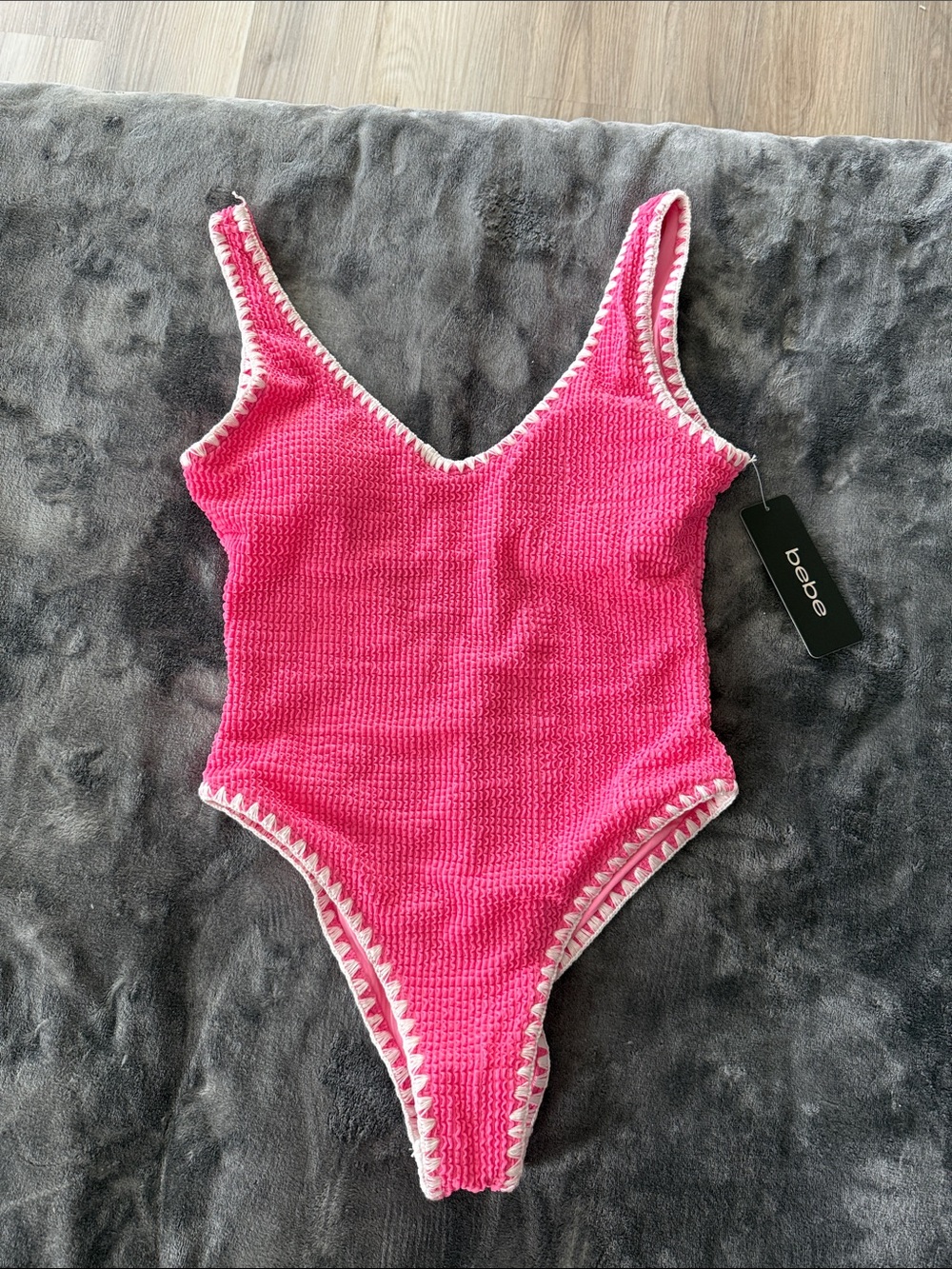 bebe Hot Pink Crochet One-Piece Swimsuit with Cream Trim